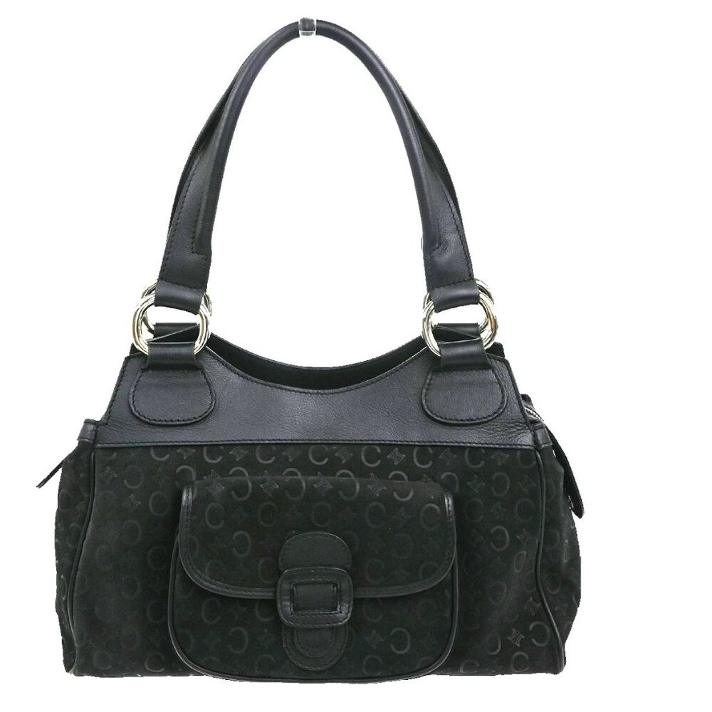 CELINE C Macadam Pattern Shoulder bag Black Suede Leather Black SHW 32CA419